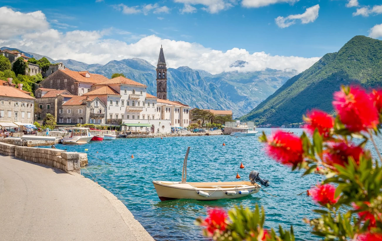 Scenic panoramic view of historic Perast on the Bay of Kotor