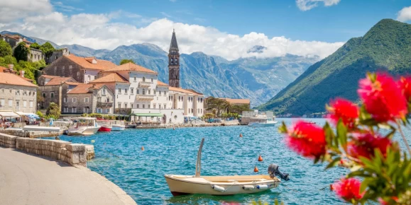Scenic panoramic view of historic Perast on the Bay of Kotor