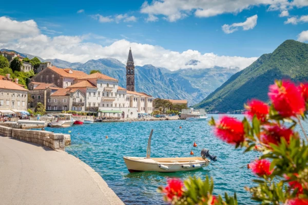 Scenic panoramic view of historic Perast on the Bay of Kotor