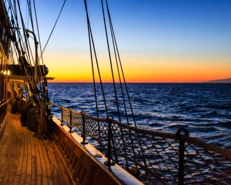 Sunset view aboard the ship Sea Cloud, Cyclades, Mediterranean, Greece.