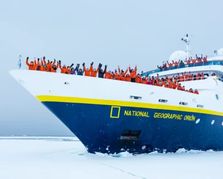 Guests Celebrating the ship National Geographic Orion in Pack Ice Ant Peninsula