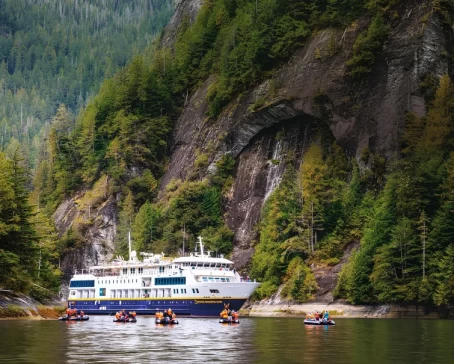 Guests explore by zodiac from the ship National Geographic Quest in Rudyerd Bay, Misty Fjords National Monument Wilderness, Ketchikan, Alaska, USA