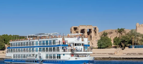 Guests on the ship Oberoi Philae departing from Kom Ombo to cruise further south on the Nile
