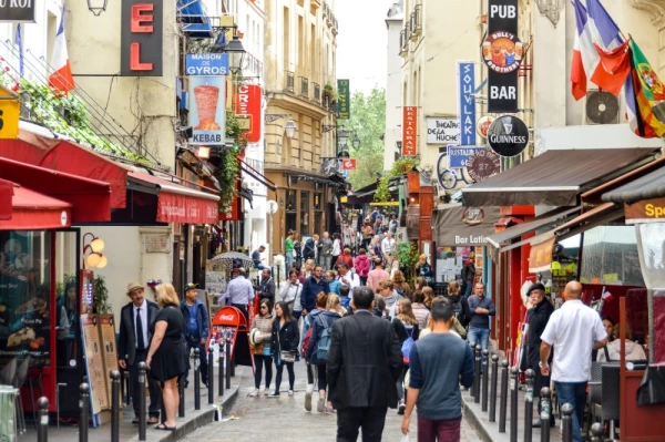 A lively weekend street scene in Paris