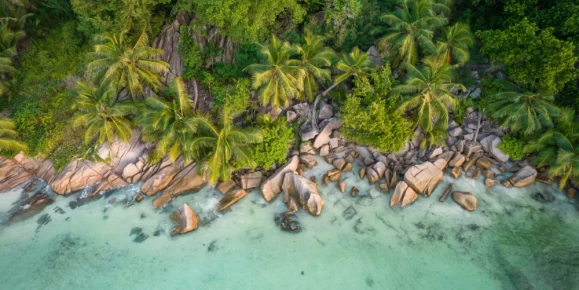 Lush, tropical coastline of La Digue Island in Seychelles