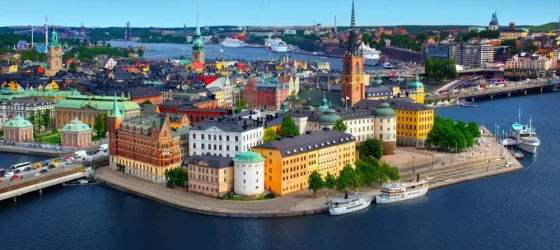 Aerial view of Stockholm's old town surrounded by historic architecture