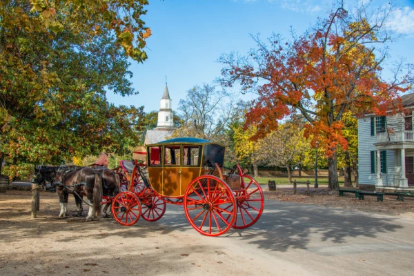 Horse-drawn carriage in Williamsburg during fall