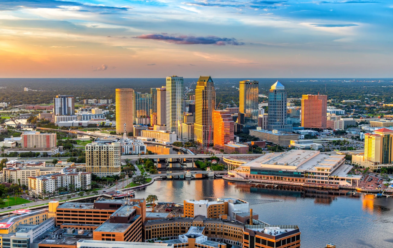 View of downtown Tampa, Florida, from above, along the Hillsborough River shoreline