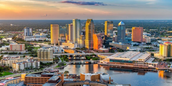 View of downtown Tampa, Florida, from above, along the Hillsborough River shoreline