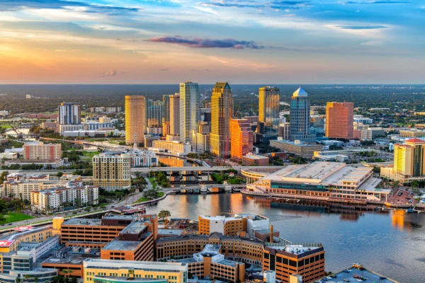 View of downtown Tampa, Florida, from above, along the Hillsborough River shoreline