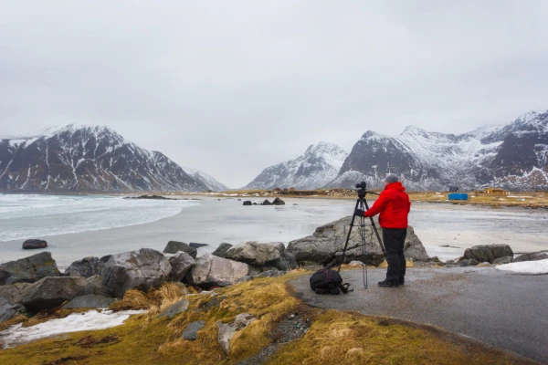 The photographer take a picture of Lofoten islands in winter