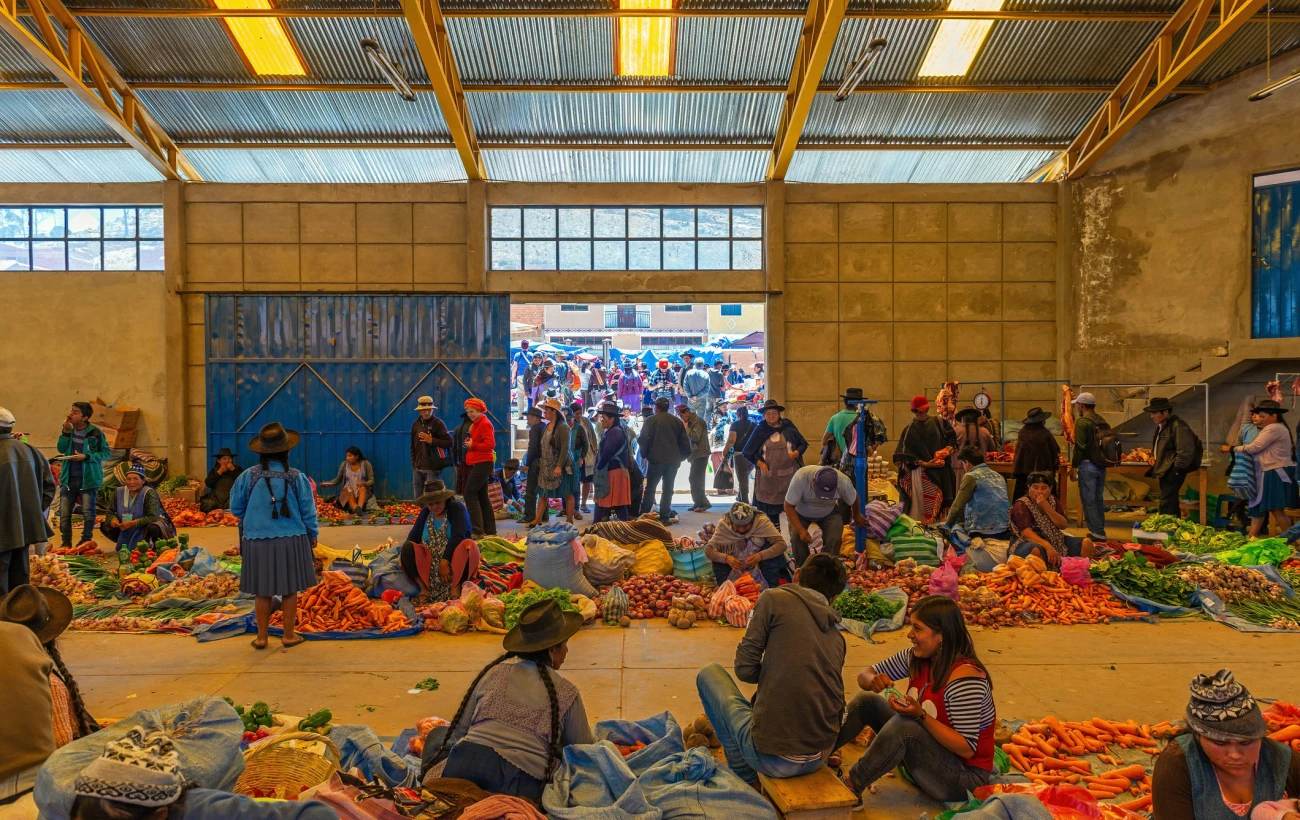 Interior local market of Tarabuco Market with locals and tourists.