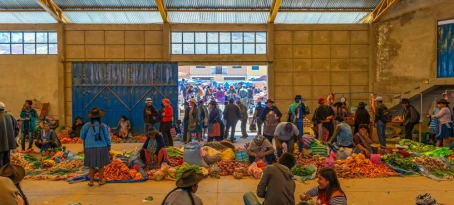Interior local market of Tarabuco Market with locals and tourists.