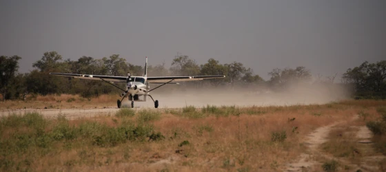 A bush plane taking off on airstrip