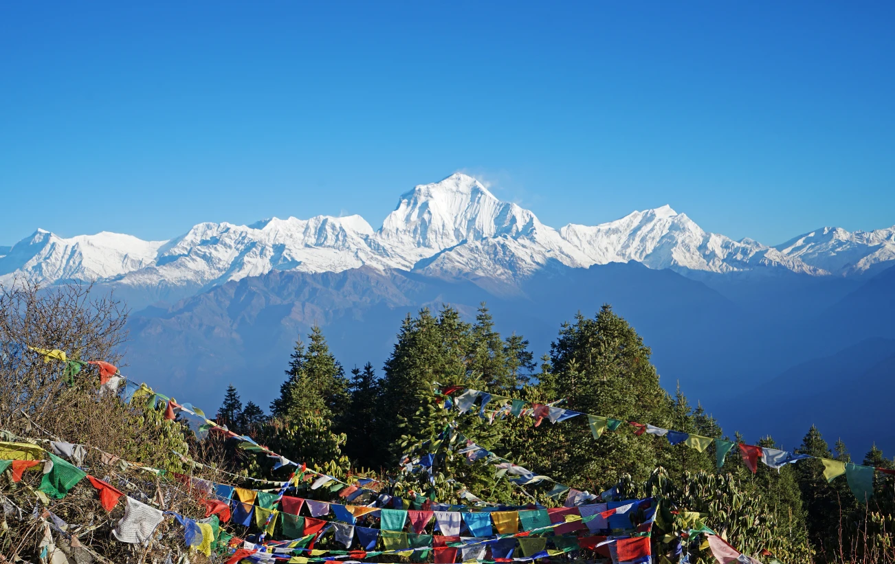 Scenic viewpoint of the Annapurna mountain range in the Himalayas, from Poon Hill Viewpoint
