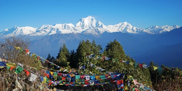 Scenic viewpoint of the Annapurna mountain range in the Himalayas, from Poon Hill Viewpoint