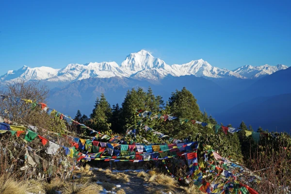 Scenic viewpoint of the Annapurna mountain range in the Himalayas, from Poon Hill Viewpoint