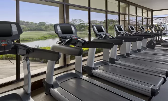 An extensive fitness center is available on the grounds