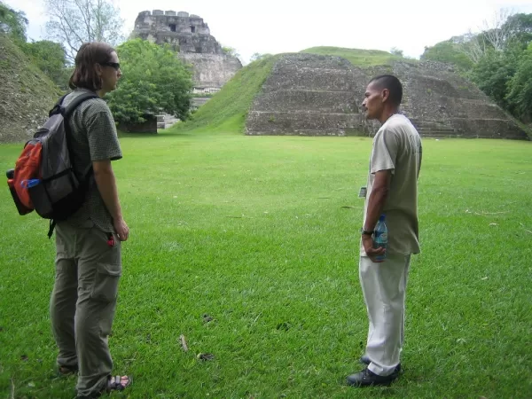 Guide Miguel sharing information at Xunantunich ruins