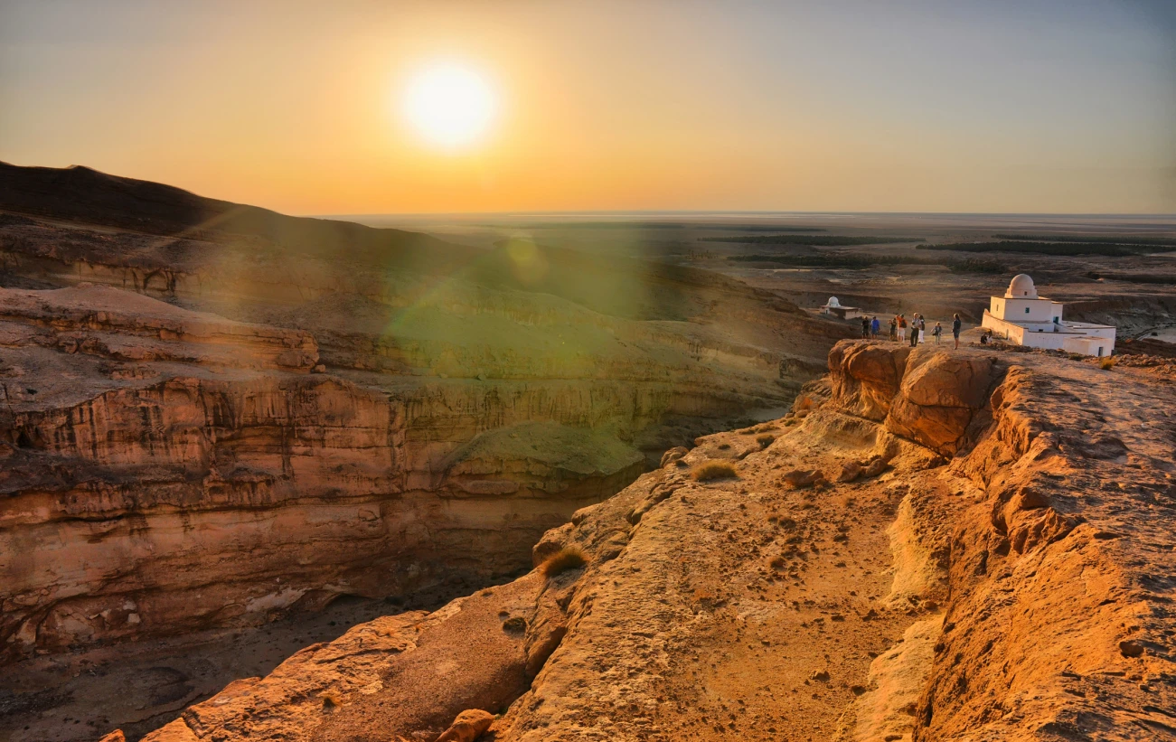 Sunrise above Tamerza canyon or Star Wars canyon, Sahara desert, Tunisia