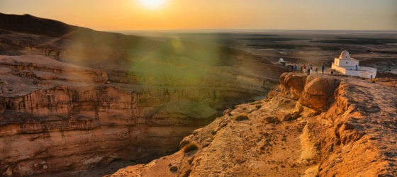 Sunrise above Tamerza canyon or Star Wars canyon, Sahara desert, Tunisia