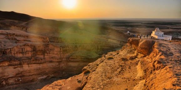 Sunrise above Tamerza canyon or Star Wars canyon, Sahara desert, Tunisia