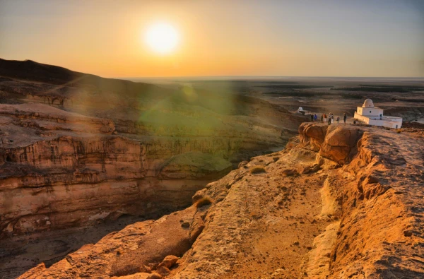 Sunrise above Tamerza canyon or Star Wars canyon, Sahara desert, Tunisia