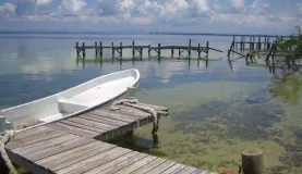 A panga docked on a small caye in Belize