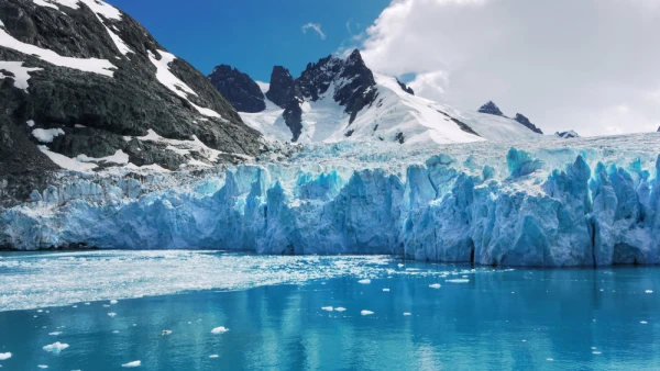 Blue and turquoise color ice of glacier face and reflections in calm water of Drygalski Fjord, South Georgia Island.