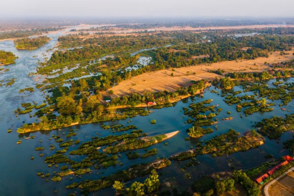 Aerial view of Don Det island in the 4000 Islands region, Southern Laos