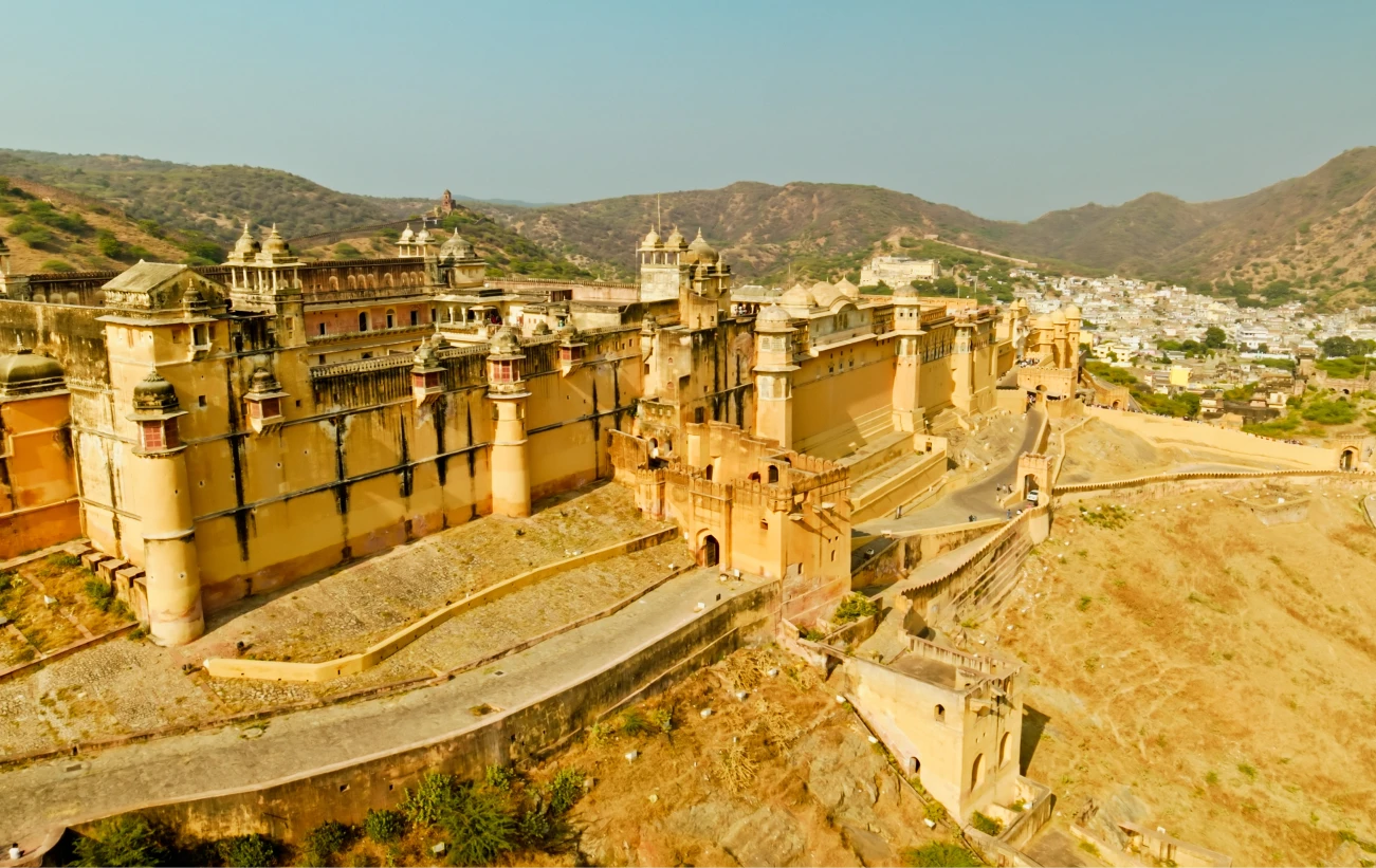 Aerial Shot of Amber Fort on a Sunny Day in Jaipur, Rajasthan
