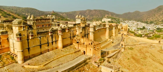 Aerial Shot of Amber Fort on a Sunny Day in Jaipur, Rajasthan