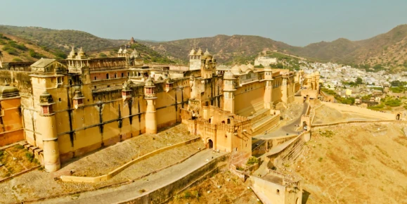 Aerial Shot of Amber Fort on a Sunny Day in Jaipur, Rajasthan