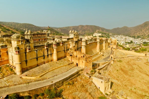 Aerial Shot of Amber Fort on a Sunny Day in Jaipur, Rajasthan