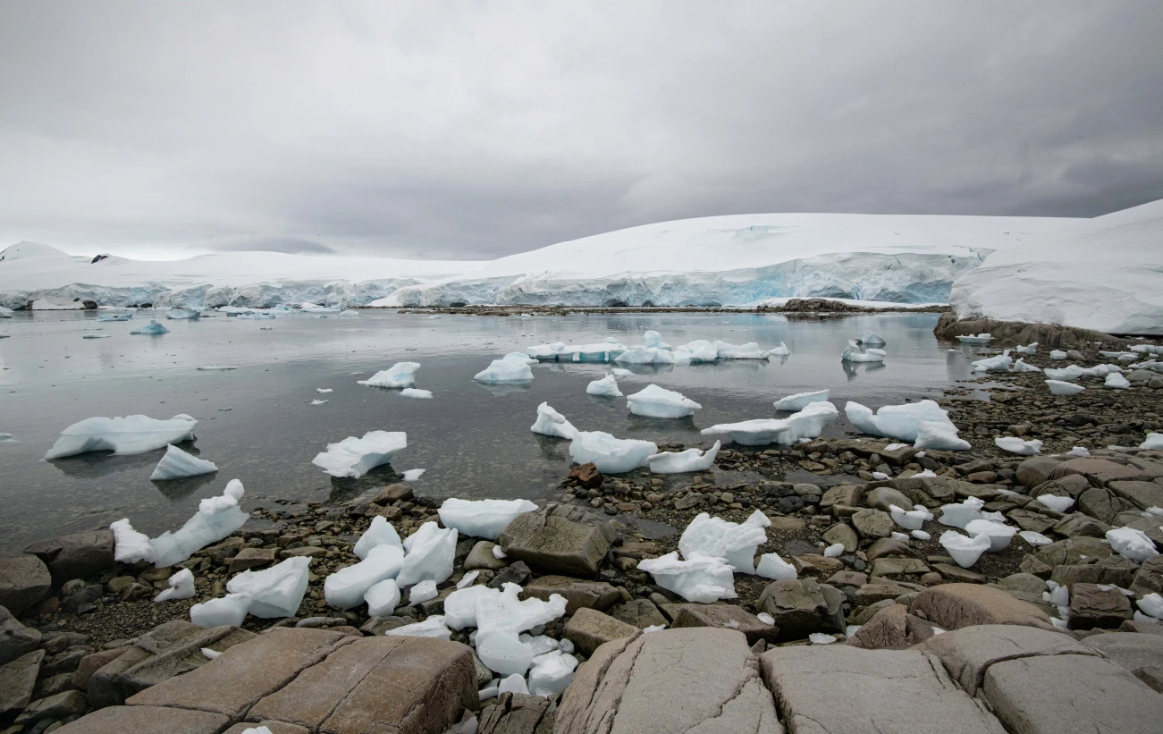 A dramatic panorama of snow, glaciers, and icebergs at Portal Point.
