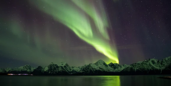 A vibrant green aurora dances over the serene fjord in Norway.