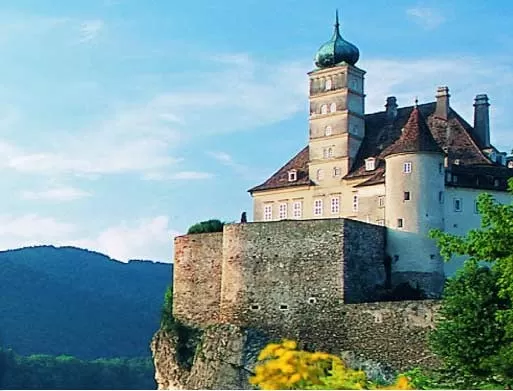 The Schnonbul Castle looks out over the landscape of the Danube River valley