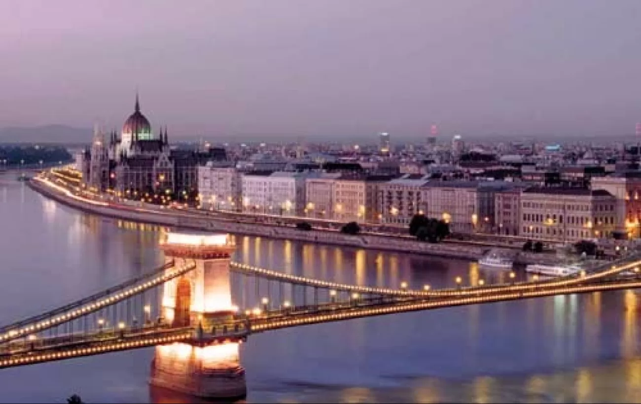A bridge over the Danube connects the twin cities of Buda and Pest, Hungary