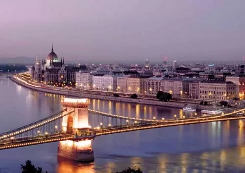 A bridge over the Danube connects the twin cities of Buda and Pest, Hungary
