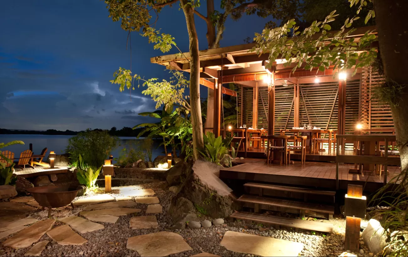 One of Jicaro Island EcoLodge's at night