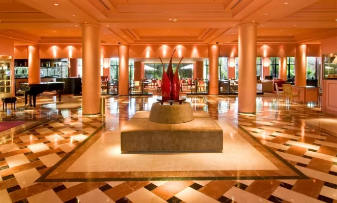 Admire the beautiful layout of Iguazu Grand's spacious lobby