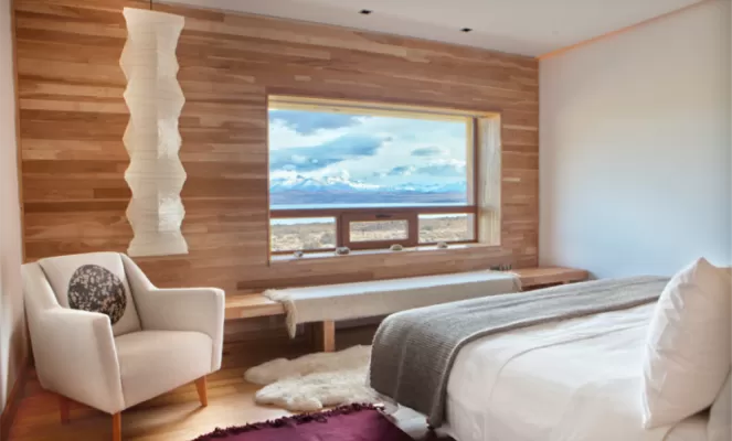 A spacious suite with stunning views of Torres del Paine National Park