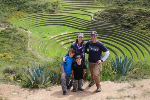 Family photo at Moray agricultural terraces