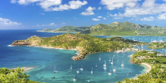 Panoramic view from Shirley Heights, Antigua, showing English Harbor and Caribbean landscape