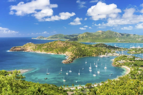 Panoramic view from Shirley Heights, Antigua, showing English Harbor and Caribbean landscape