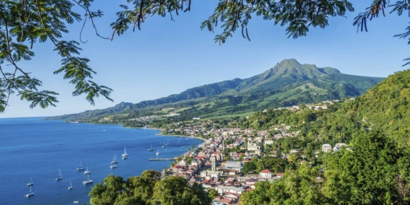 View of Mount Pelée overlooking Saint-Pierre, northwest Martinique, French Caribbean island