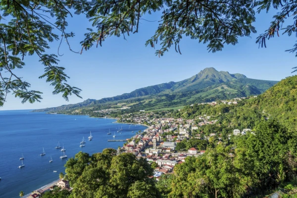View of Mount Pelée towering over Saint-Pierre, northwest Martinique, French Caribbean island