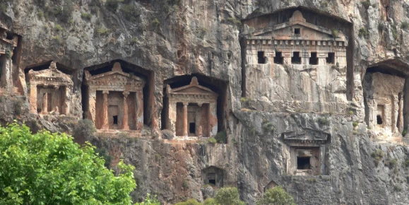 The ancient Lycian rock-cut temple tombs of Kaunos in Dalyan, Turkey
