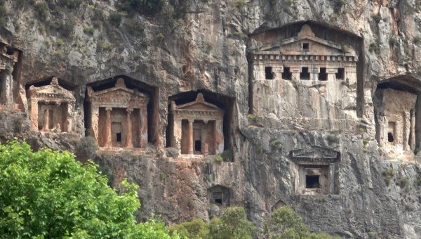 The ancient Lycian rock-cut temple tombs of Kaunos in Dalyan, Turkey