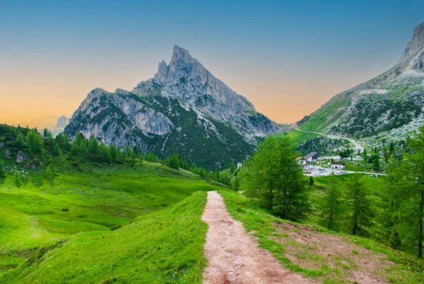 Trekking in the beautiful mountains on the Falzarego Pass in the Italian Dolomites